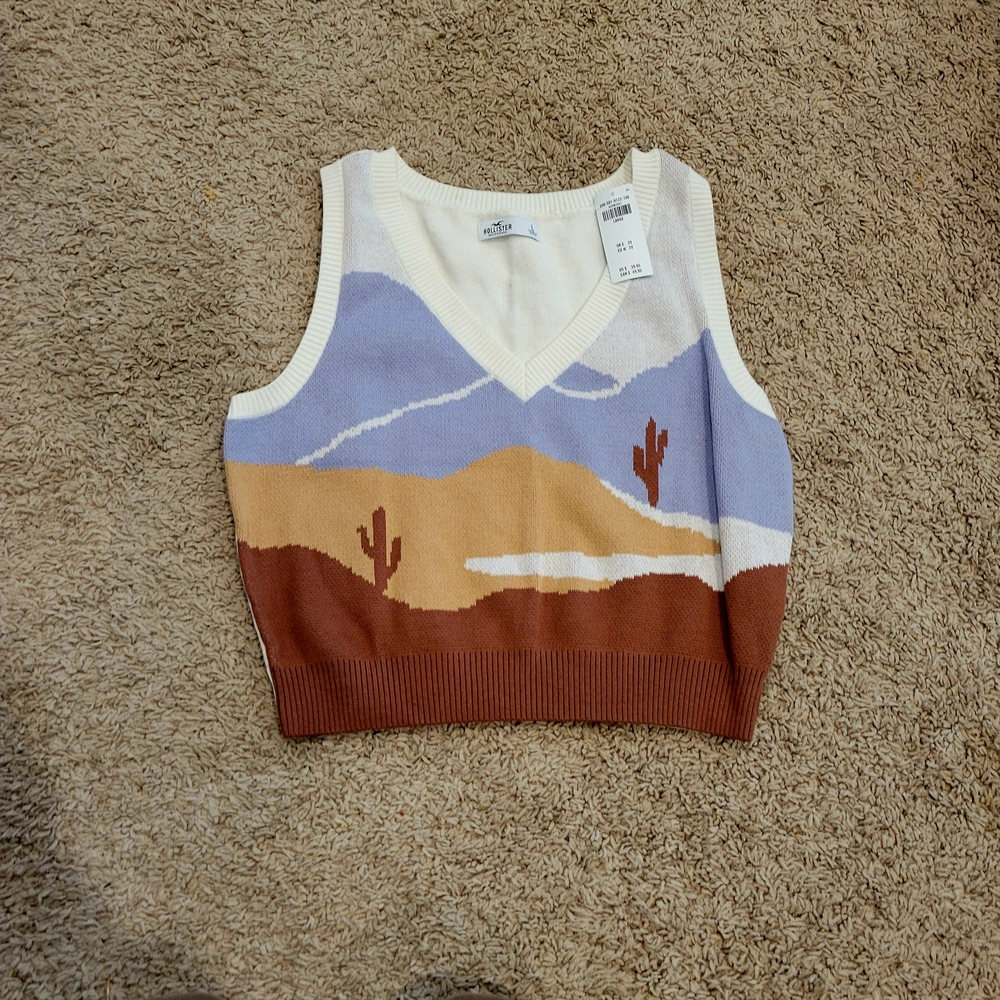 Hollister V-Neck Sweater Vest - Cream, Brown, Blue